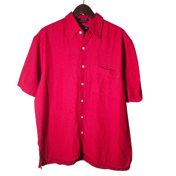 Valentines Nautica Red Short Sleeve Button-Up Shirt Mens L 55% Linen 45% Rayon - Picture 1 of 12
